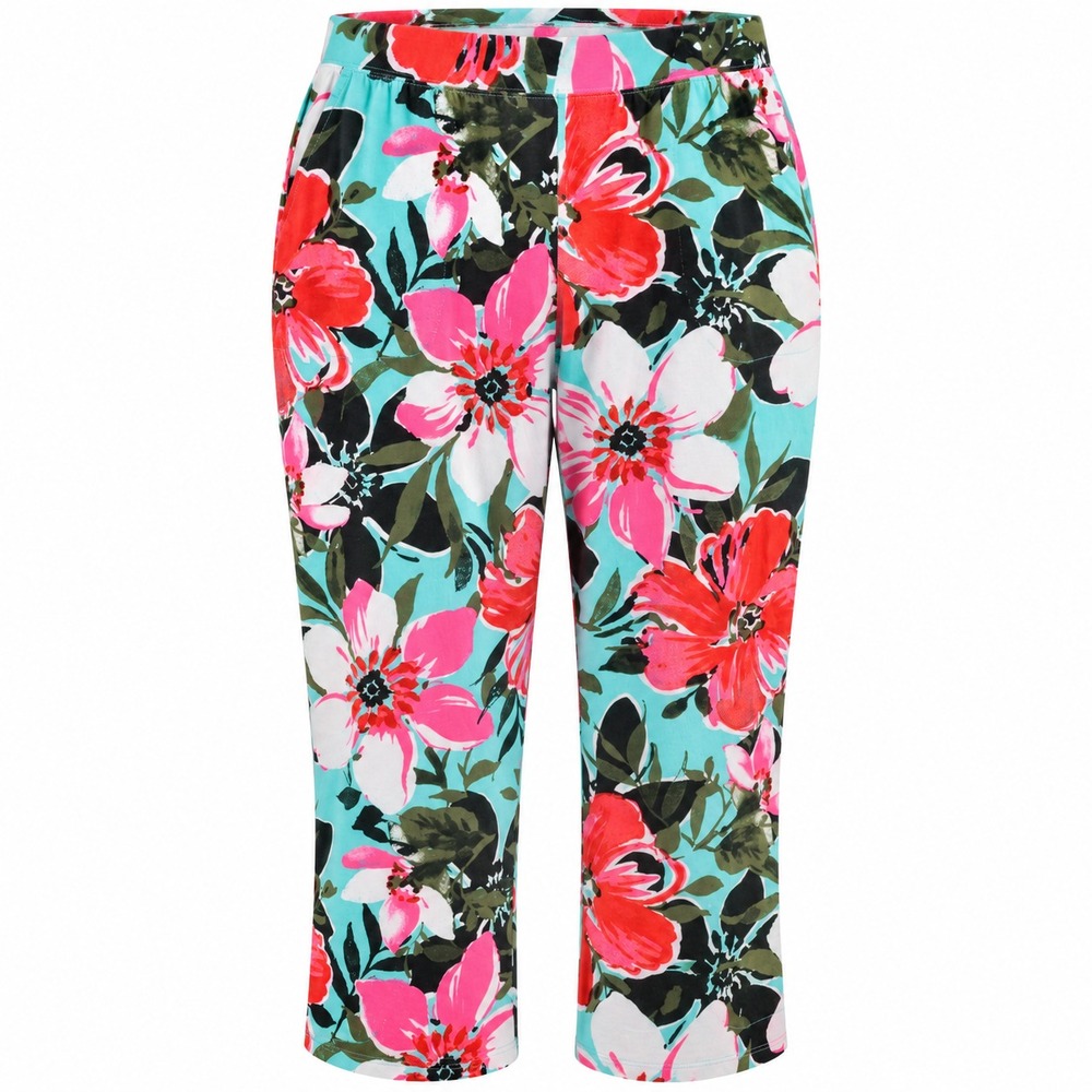 D&Co Beach Women 14P Floral Capri Pants Stretch Pull On Tropical Aqua Pink